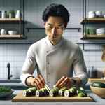 Hiroshi in a sleek, minimalist kitchen, preparing a vegan sushi platter.