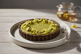 Vegan Yuzu-Pistachio Tart with black sesame miso crust and pistachio filling on a minimalist ceramic plate in soft, natural morning light.