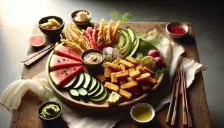 Vibrant vegan seafood platter on a wooden table, featuring tempura watermelon, golden jackfruit, fresh avocado, cucumber, radish slices, vegan mayo, soy sauce, dill, lemon, and wasabi.