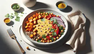 African-inspired vegan salad with quinoa, sweet potatoes, chickpeas, and veggies, dressed in curry, on a minimalist table with natural light.