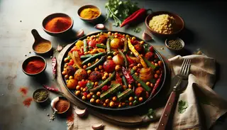 Colorful vegan barbecue feast with millet, spicy vegetables, and chickpeas on a minimalist table, garnished with coriander.