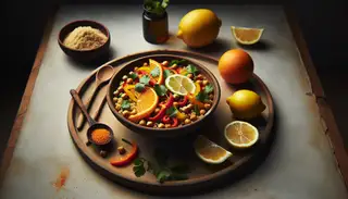 Colorful vegan African dish with sorghum, chickpeas, and bell peppers in a bowl, garnished with cilantro and surrounded by citrus slices, in natural light.