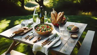 Vibrant Vegan Mediterranean Salad at the center of a wooden picnic table, surrounded by sparkling water, bread rolls, and greenery.