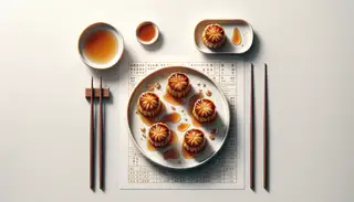 Golden-brown vegan caramelized dim sum on a refined porcelain plate, set on a minimalist soft white table, highlighting the dish's appeal.