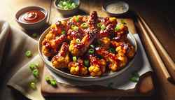 Image of golden, crispy vegan cauliflower wings coated in a shiny, spicy-sweet hoisin and sriracha BBQ glaze, garnished with sesame seeds and green onions on a simple plate and wooden table.