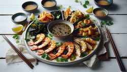 Realistic vegan seafood platter featuring golden-brown shrimp and fish fillets with a glistening marinade, surrounded by chunky kimchi and garnished with cilantro and sesame seeds.