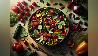 Envision a delicately arranged table, decorated with an array of fresh vegetables in vibrant hues. The focal point is a bowl teeming with a variety of mixed salad leaves, gleaming cherry tomatoes, crisp cucumber slices, vibrant bell pepper strips, slivers of red onions, and pitted Kalamata olives. Adding a flavor punch are fragmented sun-dried tomatoes scattered on top. The salad is subtly dressed with a shimmer of extra virgin olive oil and balsamic vinegar, harmoniously enhancing the freshness of the vegetables. The palette is alive with color, the textures crispy, and the flavors simply irresistible. You can practically experience the texture of every crunch. This enticing image pays tribute to the elegance of simplicity and the artist's tribute to nature's generosity.