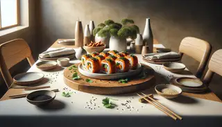 Minimalist dining setup with spiced sweet potato sushi rolls, garnished with sesame and cilantro, reflecting an African-Asian fusion aesthetic.