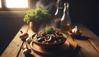 Image of vegan mushroom stroganoff in an elegant bowl on a wooden table, with parsley garnish, in a warm, rustic setting.