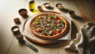 Vegan artisan pizza with almond ricotta, colorful veggies, dark chocolate, pecans, and balsamic glaze on a wooden table.