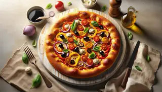 Vegan artisan pizza with golden crust, vegan mozzarella, bell peppers, onions, olives, balsamic glaze, and basil on a clean table.