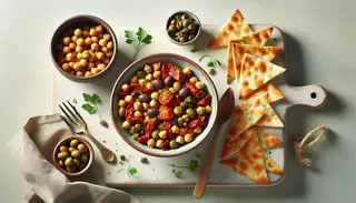 Image of 'Salty Meze Symphony' in a shallow ceramic bowl, featuring chickpeas, sun-dried tomatoes, olives, capers, and parsley, with pita bread on a minimalist table.