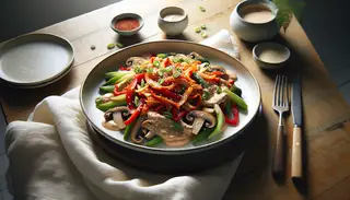Image of a vibrant Tahini Kimchi Vegan Stir-Fry on a simple plate, featuring creamy tahini, colorful kimchi, mushrooms, and red bell peppers, garnished with green onions and sesame seeds, on a minimalist wooden table.