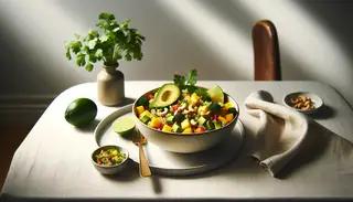 Elegant dinner table focused on a bowl of vibrant Tropical African Fruit Quinoa Salad with mango, pineapple, avocado, and red bell pepper, garnished with cashews, beside a tiny vase with cilantro and lime halves in natural light.