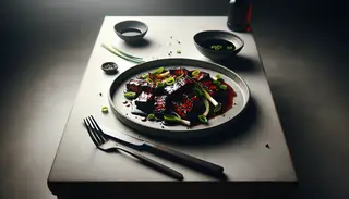 Grilled Asian BBQ Seitan on a white plate, garnished with scallions, set on a wooden table, with minimal cutlery and soft lighting.
