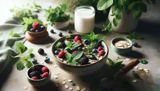 Fresh herb-infused overnight oats with vibrant berries and almond milk on a minimalistic table, embodying a wholesome morning tranquility.