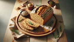 Image of vegan bread with golden crust and seeds, on a wooden table with natural elements and lighting.