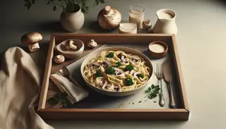 Serene table setting with vegan Mushroom Alfredo Pasta as the star - a creamy Italian delight garnished with fresh parsley.