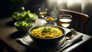 Creamy Vegan Risotto alla Milanese in a shallow bowl, garnished with parsley on a dark wooden table, with a salad and white wine, under soft lighting.
