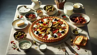 A Vegan Mediterranean Breakfast Tart adorned with sun-dried tomatoes, olives, artichokes, and faux ricotta on crisp pastry.