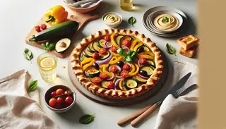 Realistic picnic scene featuring a Vegan Mediterranean Tart with zucchini, bell pepper, onion, tomatoes, and olives, garnished with basil, accompanied by hummus, napkins, and lemon water.
