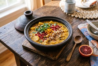 Swahili Citrus Holiday Tagine with Saffron Pigeon Peas Creamy coconut pigeon pea and cassava stew in a clay pot, garnished with pomegranate seeds and fresh herbs on a wooden table.