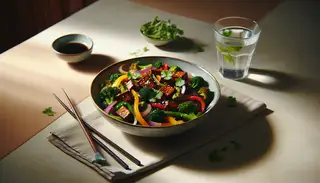 Image of a vegan, Asian-inspired dish with glossy tempeh cubes on stir-fried vegetables in a shallow bowl, garnished with cilantro and sesame seeds, with chopsticks and water on a wooden table.