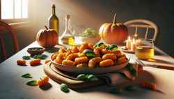 Cozy autumn scene with vegan pumpkin and ginger gnocchi garnished with Thai basil and olive oil on a simple table.