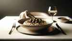 Sumptuous vegan truffle mushroom risotto elegantly served on minimalist table setting, showcasing indulgent textures and earthy tones.