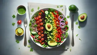 A vibrant salad with quinoa, cherry tomatoes, avocado, and more, drizzled with zesty lime dressing, set on a clean, elegant table.