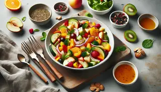 A vibrant vegan fruity marinade, bursting with fresh flavors, sits on a clean table setting. The colorful and refreshing blend adds an invigorating twist to plant-based proteins, perfect for grilling or baking. The organic elements create texture and enhance the essence of the dish, inspiring a delightful vegan BBQ experience.