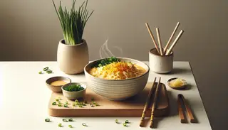 A bowl of Vegan Cheesy Ramen with steaming noodles and rich cheese sauce, topped with fresh chives, wooden chopsticks, and a small plant.