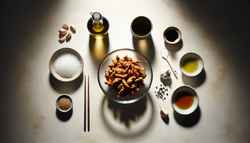A minimalist table setting with a glass bowl of vegan marinade, surrounded by olive oil, soy sauce, and garlic on a neutral-toned surface.