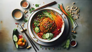 A vibrant bowl of Spicy Thai Peanut Noodles adorned with colorful veggies, herbs, and roasted peanuts, set on a minimalistic table with chopsticks.
