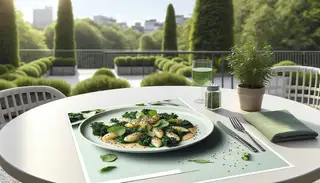 A serene outdoor setting with a minimalistic table featuring Sprinkled Delight Gnocchi. Bright green kale, creamy sauce, sesame seeds, and fresh cilantro are highlighted.
