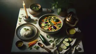 Image of a minimalist vegan Thai green curry dinner scene. The curry is served in a sophisticated ceramic bowl with bell peppers, zucchini, eggplant, and carrots, beside steamy jasmine rice. A tiny Thai basil pot decorates the naturally lit table, evoking tranquility.