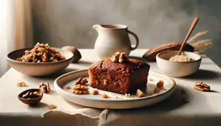 African-inspired vegan snack made from teff flour and plantain on a white plate, with walnuts, crumbs, and a neutral background.