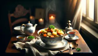 Elegant high tea setup with a bowl of stewed vegetables and a teacup on a wooden table, warmly lit for a cozy, sophisticated ambiance.