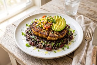 Adobo-Glazed Lion's Mane Steaks over Smoky Heirloom Beans Seared lion's mane mushroom steak over dark beans with avocado and corn salad on a white plate in natural sunlight.