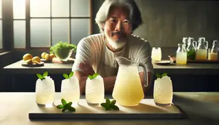 A vegan chef presents a tropical drink on a table bathed in natural light. A glass pitcher filled with a pale yellow flaky drink is surrounded by glasses of ice, garnished with fresh mint.