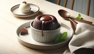 Vegan chocolate lava cake with molten center, served in a ramekin on a light wood table, accompanied by vegan ice cream and a mint leaf, in natural light.