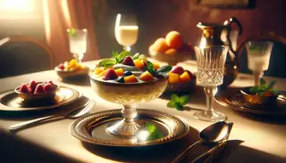 Visualize an elegantly set dining table under a warm, natural light. In the middle, a sumptuous vegan dessert inspired by African cuisine takes center stage - a delightful blend of tropical fruits and smooth coconut milk. The dessert is perfectly chilled and served in glistening bowls or glasses. It's a symphony of vibrant colors, the creaminess contrasting beautifully with the vivid hues of the fruits. Fresh mint leaves are sprinkled on top as a garnish, adding a dash of green and hint of freshness. This image manifests the pleasure of guilt-free indulgence and highlights the splendor of this mellow, plant-based treat.