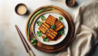 Minimalist setting with a wooden table and a white plate holding golden, crispy marinated tofu steaks with an Asian glaze, garnished with cilantro and sesame seeds.