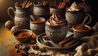 Visualize a meticulously set table scene inspired by African culinary traditions. On the table, laid with an earth-toned textured tablecloth, resides a collection of handcrafted ceramic mugs decorated with intricate African-inspired patterns. Each mug is filled high with delicious vegan spiced hot chocolate exuding a rich chocolate color and a tempting swirl of melting vegan whipped cream or coconut cream on top. The atmosphere is saturated with the enticing, spicy aroma of cinnamon, nutmeg, cardamom, and ginger. Delicate cinnamon sticks and whole spices are scattered aesthetically around the table, adding an authentic touch. The mugs, slightly dusted with ground cinnamon on their rims, invite for a comforting sip under the gentle glow of flickering candlelight. A sense of warmth, comfort, and connection with African cuisine is evident in this picture.