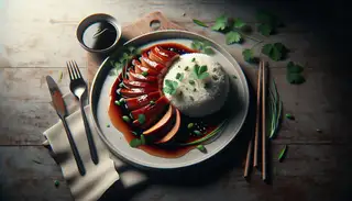 Elegant vegan glazed 'duck' made from seitan with spiced plum sauce over steamed rice, highlighted by fresh coriander in a tranquil natural setting.