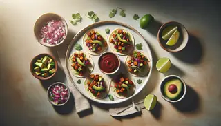 Image of vegan BBQ jackfruit mini tacos on a light wooden table, featuring red onion, cilantro, and avocado toppings, with side bowls of onions and lime.
