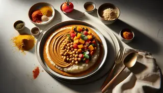 Vibrant African vegan feast with millet porridge, sweet potatoes, chickpeas, and tomatoes spiced with cumin and paprika, topped with peanut paste and cilantro.