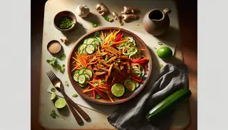 Elegant farm-to-table vegan dish on a minimalist wooden table, featuring glistening jackfruit, julienned vegetables, and lime wedges, enhanced by soft, warm lighting.
