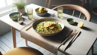 A serene dinner table setting with a vibrant Vegan African-inspired Lemon Herb Couscous Salad, exuding freshness and tanginess.