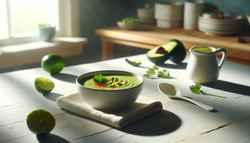 Creamy vegan cold soup in white bowl on wooden table, highlighted by natural light, with cilantro and chili flakes garnish, beside spoon and lime slice.